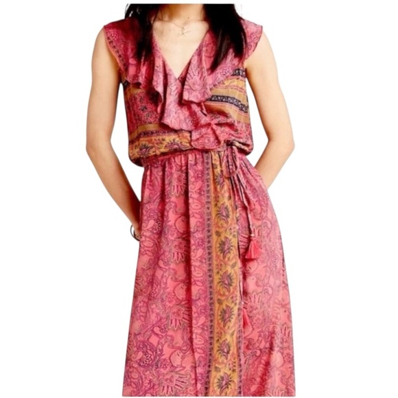 Raga Pink Boho Paisley Ruffle Midi Dress – Sleeveless Tie Waist SP - Picture 2 of 13